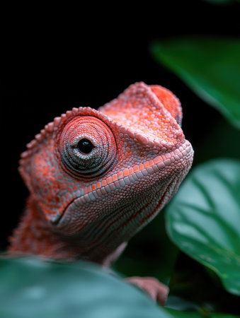 Vibrant chameleon portrait amidst lush foliage, showcasing intricate skin texture.の素材
