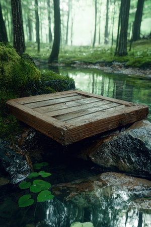 Rustic wooden platform over tranquil forest stream.の素材