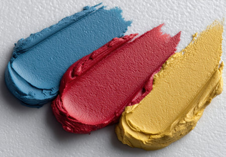 Vibrant smears of blue, red, and gold cosmetic paint.の素材