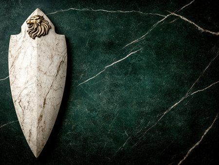 Ornate marble shield with golden lion emblem on green background.の素材