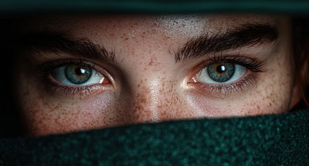 Striking close-up of a woman's freckled face and captivating eyes.の素材