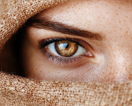 Intense hazel eye gazes from beneath a woven fabric.の素材