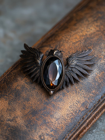 Ornate eagle brooch with a large brown gemstone.の素材