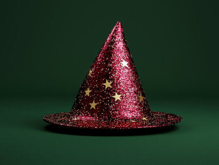 Sparkling magenta wizard hat with gold stars on green.の素材