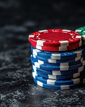 Stack of vibrant poker chips on textured surface.の素材
