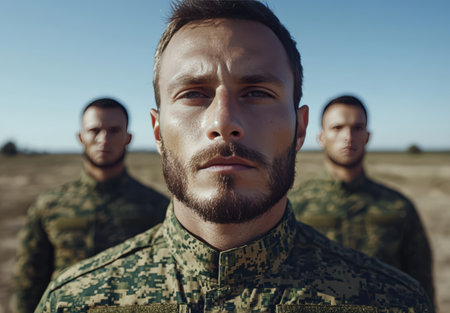 Stern soldiers stand in formation, ready for duty.の素材