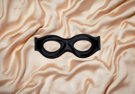Black sleep mask resting on a rumpled golden sheet.の素材