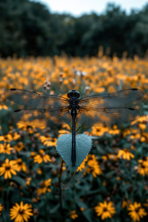 Dragonfly rests on leaf amidst a field of flowers.の素材