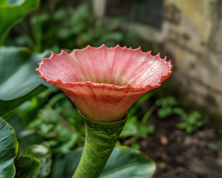Unique pink flower with scalloped edges in natural setting.の素材