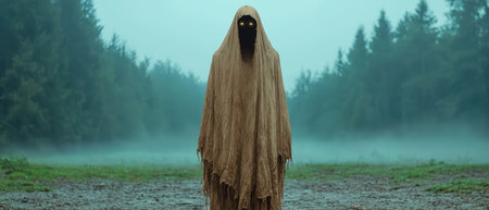 Eerie figure in a shroud with glowing eyes.の素材