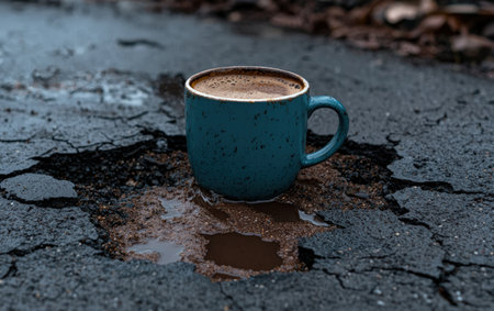 Blue coffee mug sits in a cracked asphalt puddle.の素材