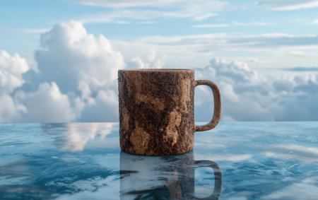 Rustic mug sits on reflective surface against cloudy sky.の素材