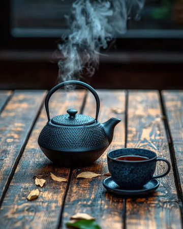 Steaming tea in cast iron teapot on rustic table.の素材