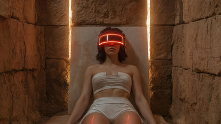 Woman in futuristic VR headset in ancient stone chamber.の素材