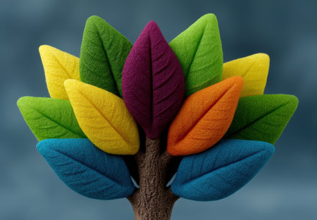 Colorful felt tree with vibrant leaves against blue background.の素材