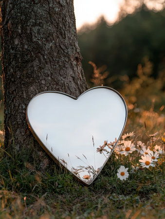 Heart-shaped mirror reflects daisies near a tree trunk.の素材