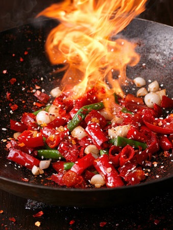 Fiery wok cooking with red peppers and garlic.の素材