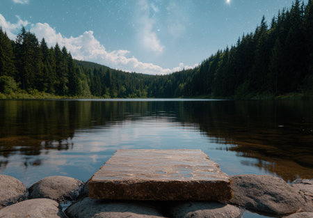 Still lake reflects the starry sky and forest.の素材