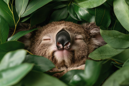 Serene koala sleeping peacefully among lush green eucalyptus leaves.の素材