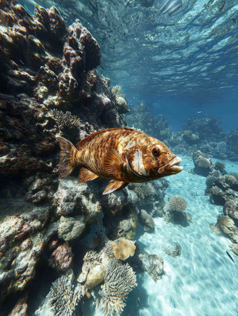 Brown marbled grouper swims near vibrant coral reef.の素材
