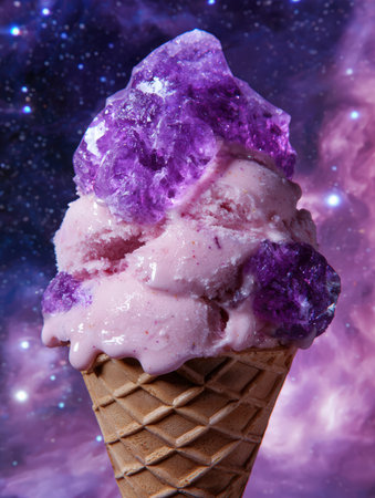 Whimsical ice cream cone with amethyst against a nebula backdrop.の素材
