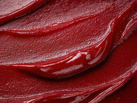 Glossy, rich red fruit spread texture close-up.の素材