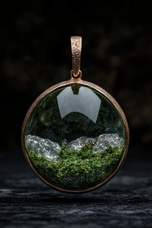 Enchanting moss pendant with crystal accents, a wearable terrarium.の素材