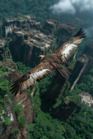 Majestic eagle soars above a lush, green canyon.の素材