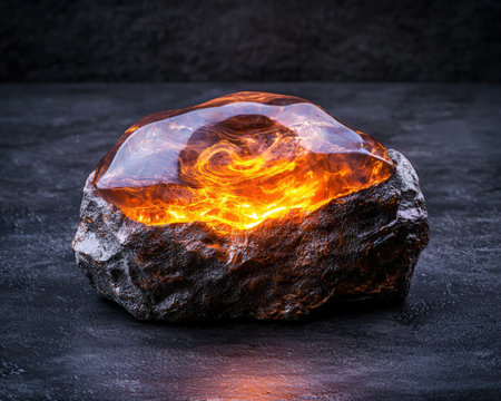 Glowing molten rock with a translucent shell on a surface.の素材