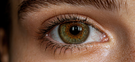 Detailed hazel eye with long eyelashes, close-up view.の素材