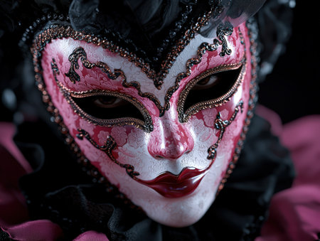 Ornate Venetian mask with intricate floral patterns and dark eyes.の素材