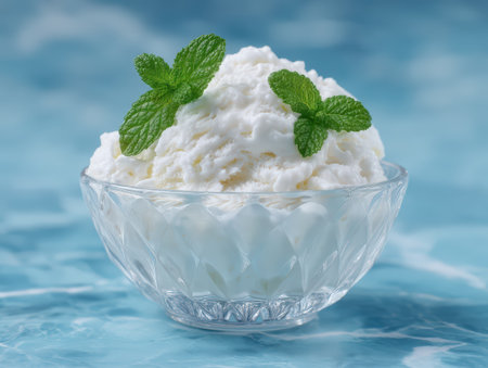 Refreshing vanilla ice cream in a glass bowl.の素材