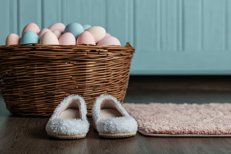 Pastel Easter eggs in basket with cozy slippers.の素材