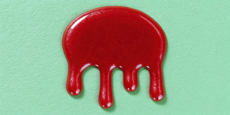 Viscous red liquid dripping against a light green backdrop.の素材