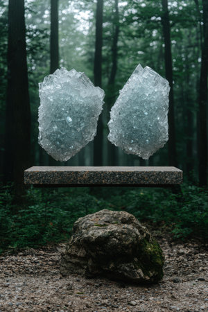 Crystals levitate above a stone in a misty forest.の素材