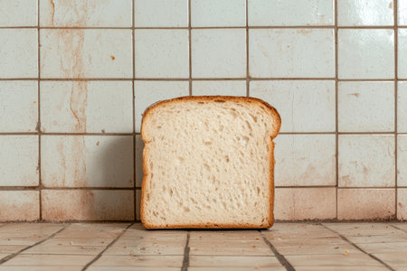 Single slice of white bread against a tiled backdrop.の素材