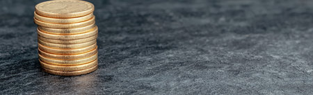 Stack of golden coins on a textured dark surface.の素材
