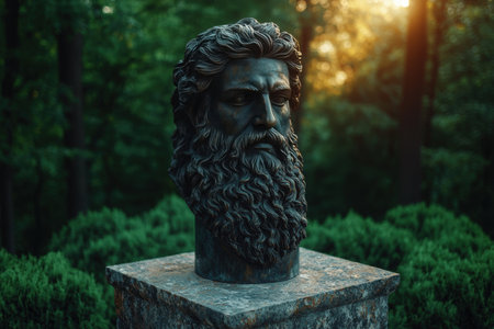 Bronze bust of a bearded man in a garden.の素材