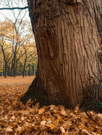 Majestic tree trunk with golden leaves in autumn park.の素材