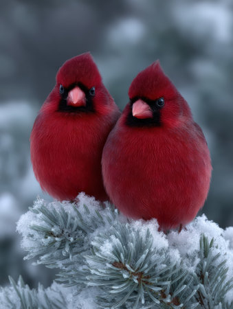 Pair of vibrant red cardinals perched on snowy branch.の素材