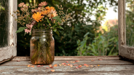 Rustic flower arrangement in mason jar on weathered windowsill.の素材