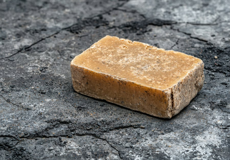 Rustic bar of handmade soap on a textured surface.の素材