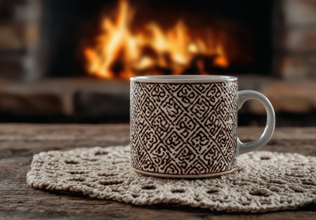 Cozy patterned mug on a rustic table by fireplace.の素材