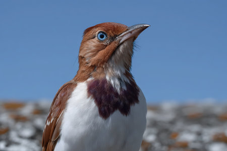 Elegant chestnut-colored bird with striking blue eye gazes upward.の素材