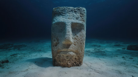 Underwater stone head sculpture in the deep ocean.の素材