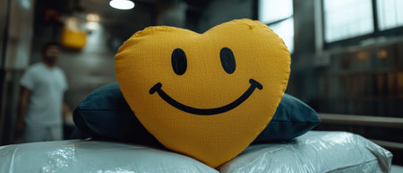Heart-shaped smiley face pillow rests on wrapped packages.の素材