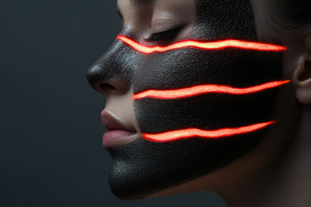 Woman with glowing red lines on black facial mask.の素材