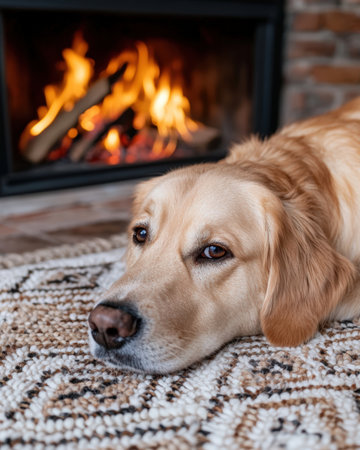 Relaxed golden retriever dog resting by a cozy fireplace.の素材