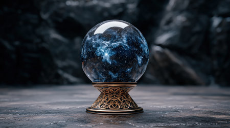 Mystical crystal ball with galaxy inside on ornate stand.の素材