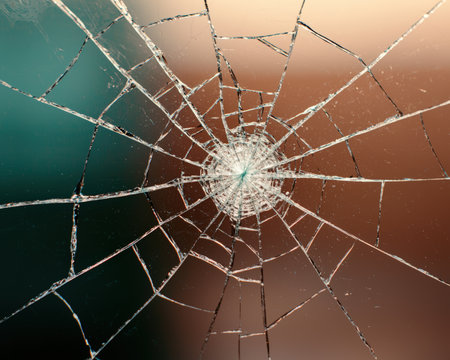 Cracked glass with radial shattering pattern, abstract background.の素材